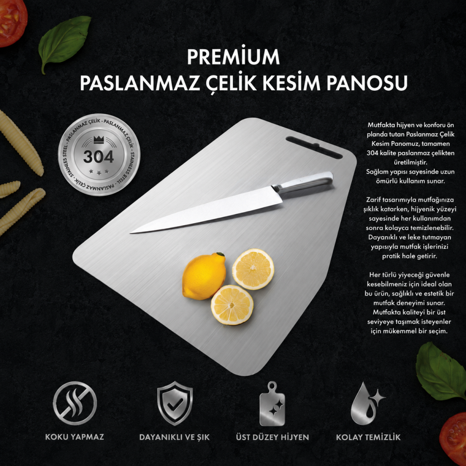 Paslanmaz Çelik Kesme Tahtası – 304 Kalite 35×25 cm