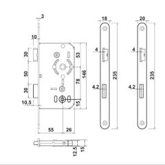 Hafele Gömme Kilit Banyo Tipi (WC) Tipi 55/20mm, Sol Yönlü Paslanmaz Çelik Renk