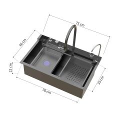 Lüks Teknolojik Şelale Tasarımlı Akıllı Evye 75×45 cm. Antrasit